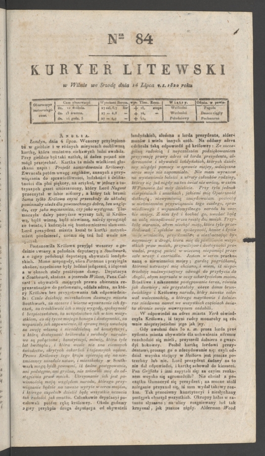 Kuryer Litewski. 1820, numer 84