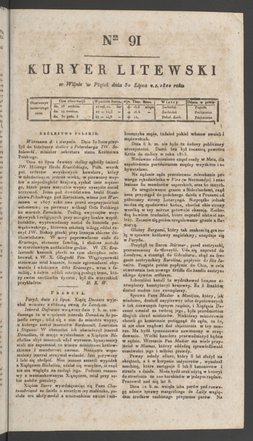 Kuryer Litewski. 1820, numer 91