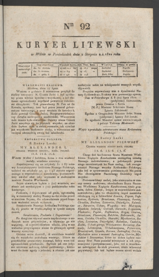 Kuryer Litewski. 1820, numer 92