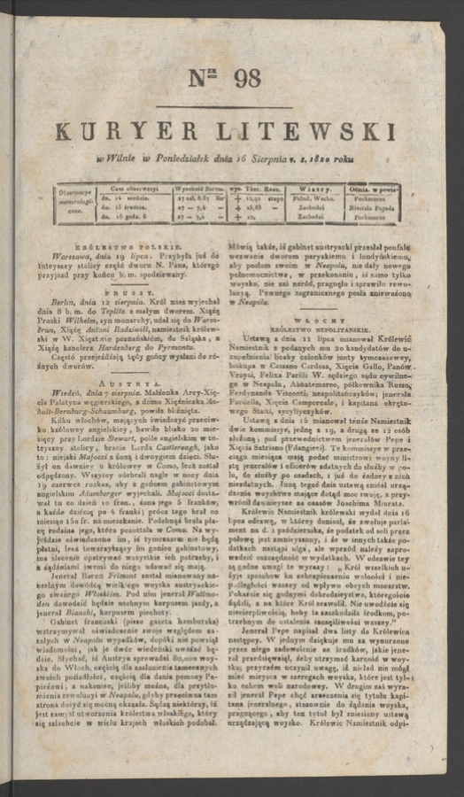 Kuryer Litewski. 1820, numer 98