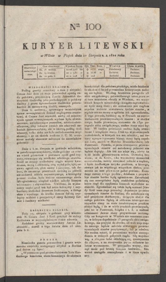 Kuryer Litewski. 1820, numer 100