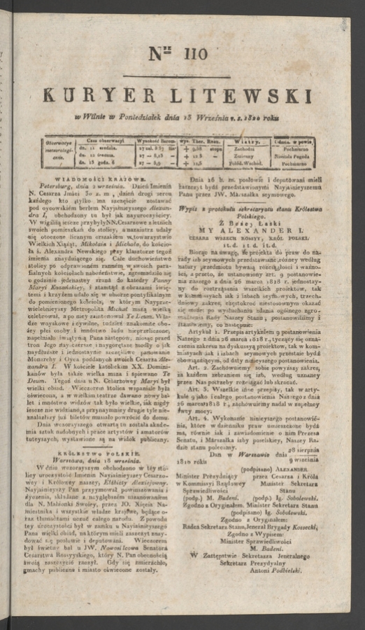 Kuryer Litewski. 1820, numer 110