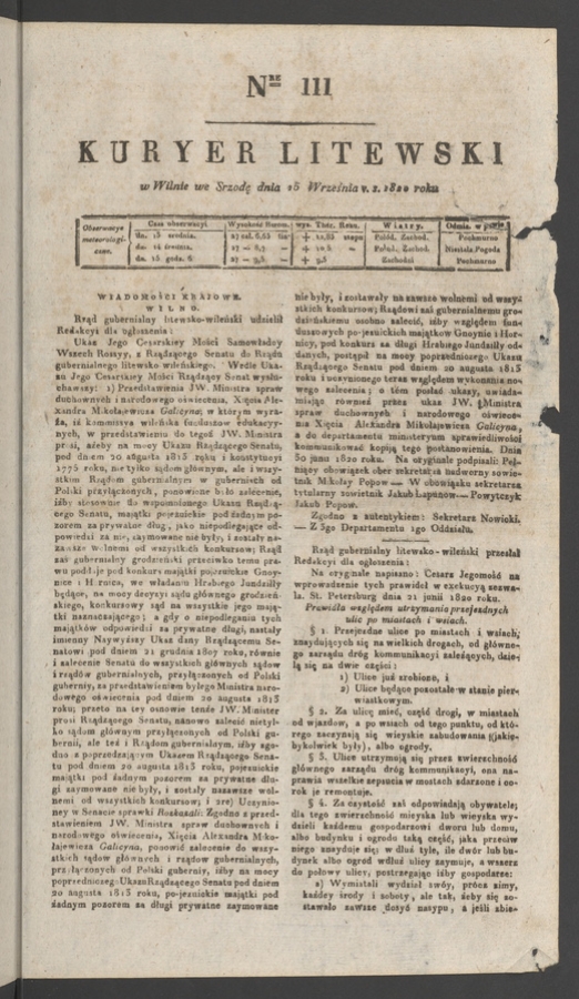 Kuryer Litewski. 1820, numer 111