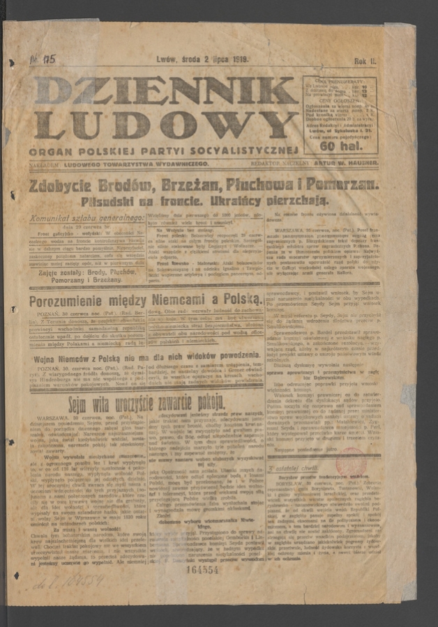 Dziennik Ludowy : organ Polskiej Partyi Socyalistycznej. Rok 2, 1919, numer 175