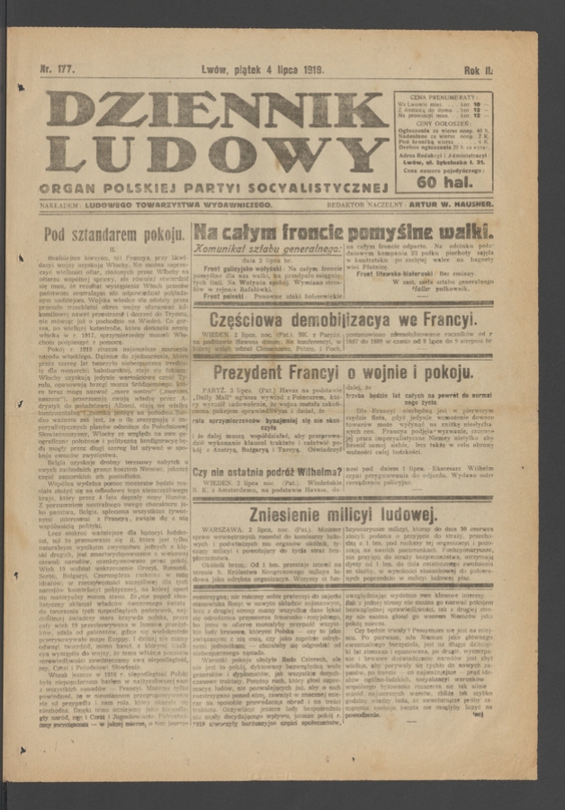 Dziennik Ludowy : organ Polskiej Partyi Socyalistycznej. Rok 2, 1919, numer 177