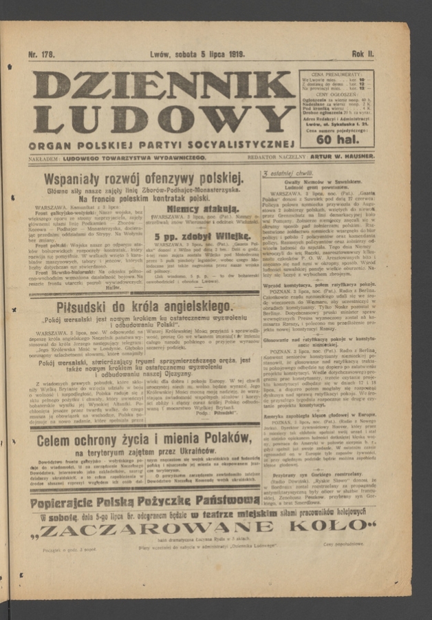 Dziennik Ludowy : organ Polskiej Partyi Socyalistycznej. Rok 2, 1919, numer 178