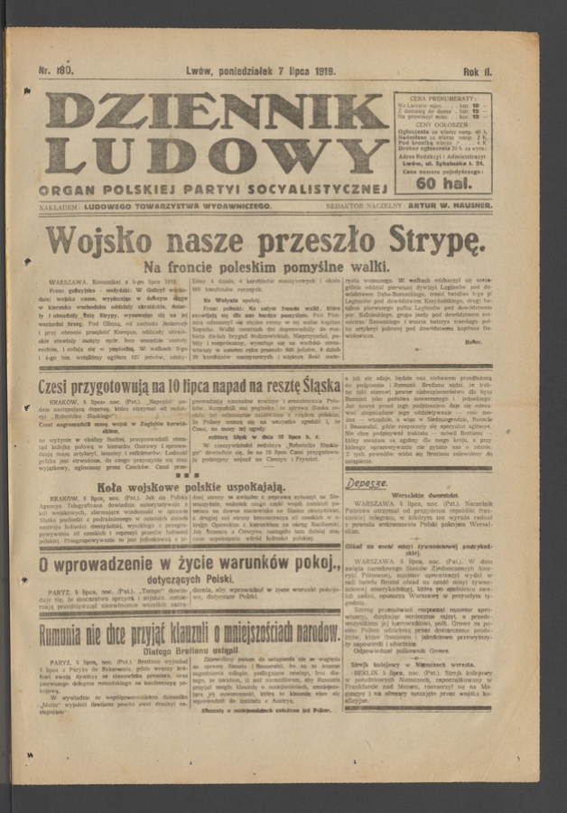 Dziennik Ludowy : organ Polskiej Partyi Socyalistycznej. Rok 2, 1919, numer 180