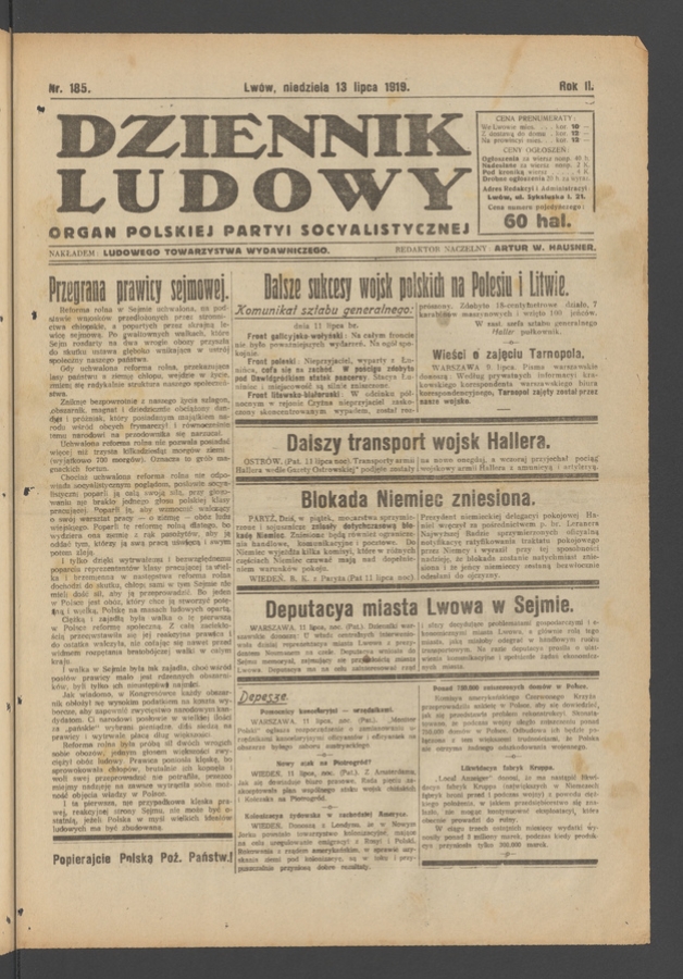 Dziennik Ludowy : organ Polskiej Partyi Socyalistycznej. Rok 2, 1919, numer 185