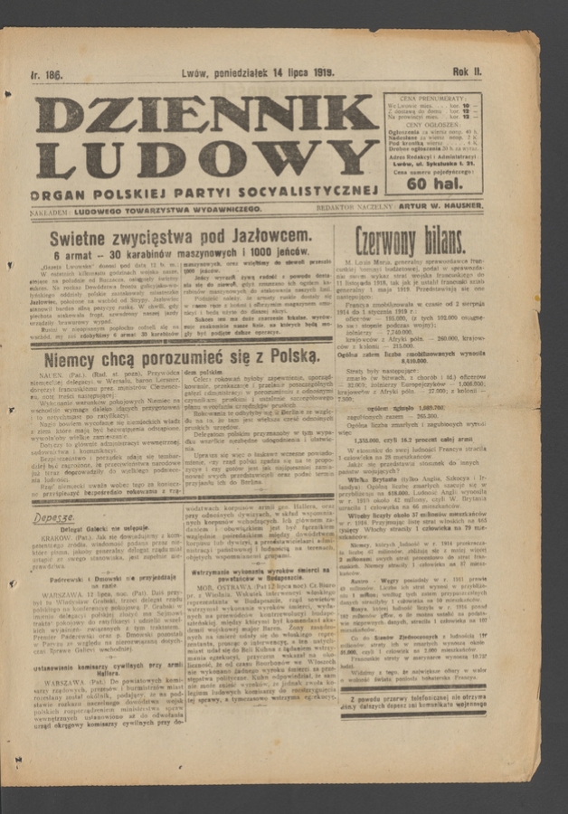 Dziennik Ludowy : organ Polskiej Partyi Socyalistycznej. Rok 2, 1919, numer 186
