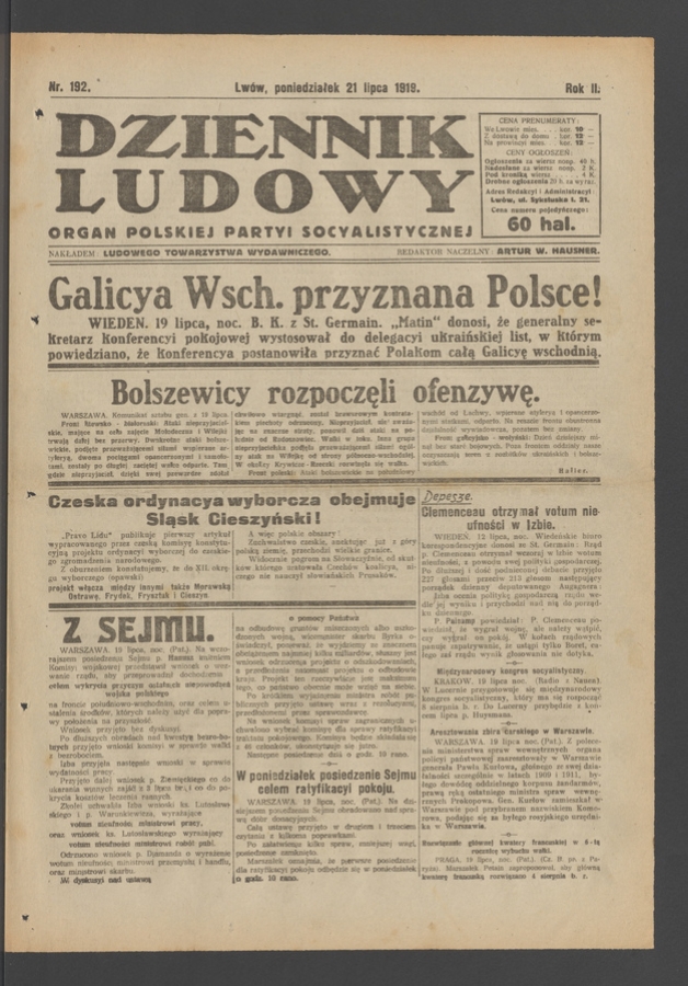 Dziennik Ludowy : organ Polskiej Partyi Socyalistycznej. Rok 2, 1919, numer 192