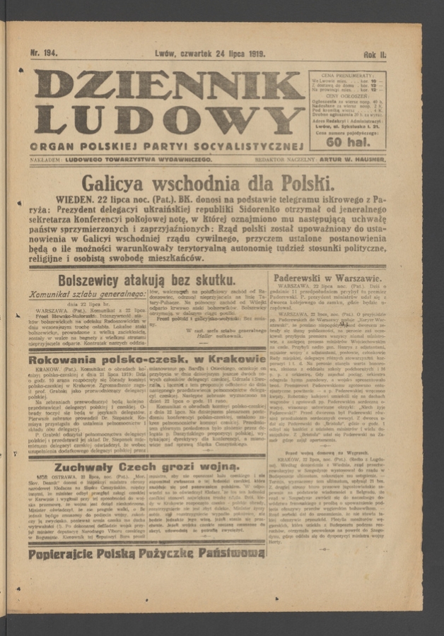 Dziennik Ludowy : organ Polskiej Partyi Socyalistycznej. Rok 2, 1919, numer 194
