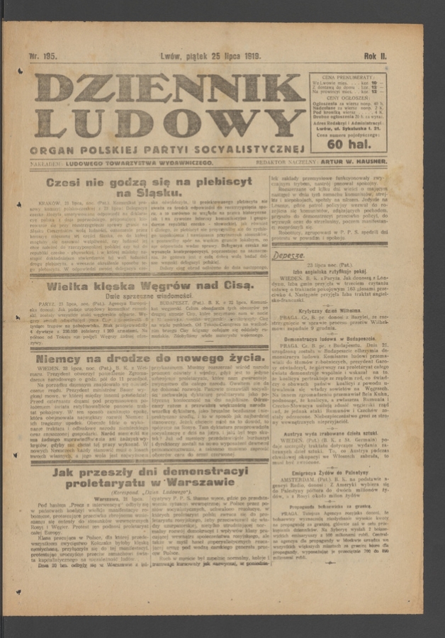 Dziennik Ludowy : organ Polskiej Partyi Socyalistycznej. Rok 2, 1919, numer 195