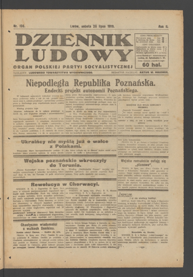 Dziennik Ludowy : organ Polskiej Partyi Socyalistycznej. Rok 2, 1919, numer 196