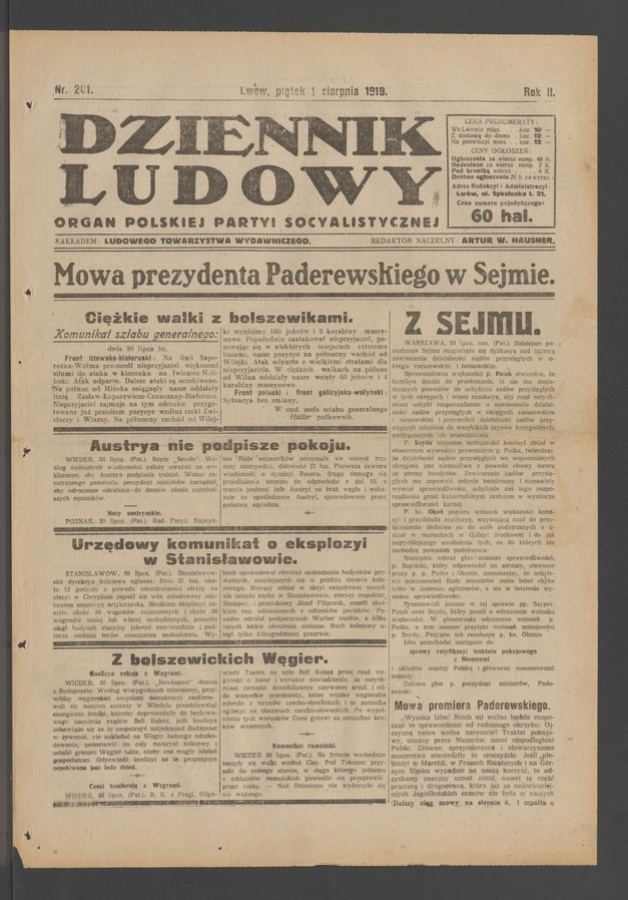 Dziennik Ludowy : organ Polskiej Partyi Socyalistycznej. Rok 2, 1919, numer 201