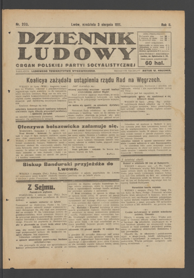 Dziennik Ludowy : organ Polskiej Partyi Socyalistycznej. Rok 2, 1919, numer 203