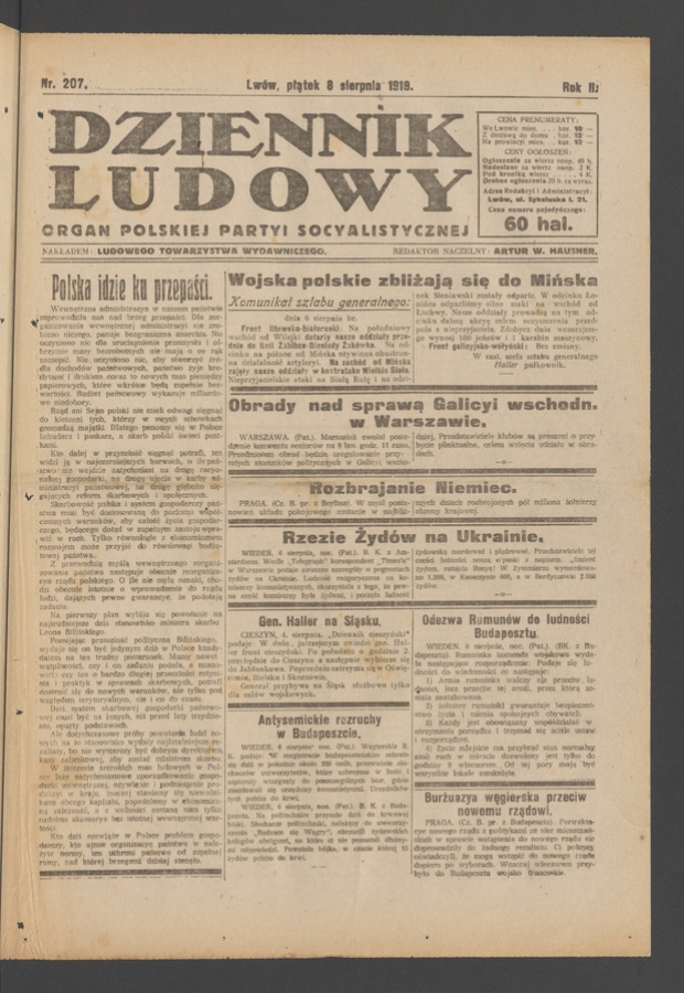 Dziennik Ludowy : organ Polskiej Partyi Socyalistycznej. Rok 2, 1919, numer 207