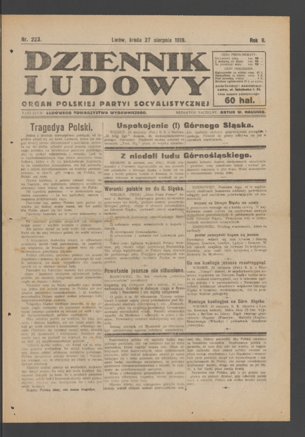 Dziennik Ludowy : organ Polskiej Partyi Socyalistycznej. Rok 2, 1919, numer 223