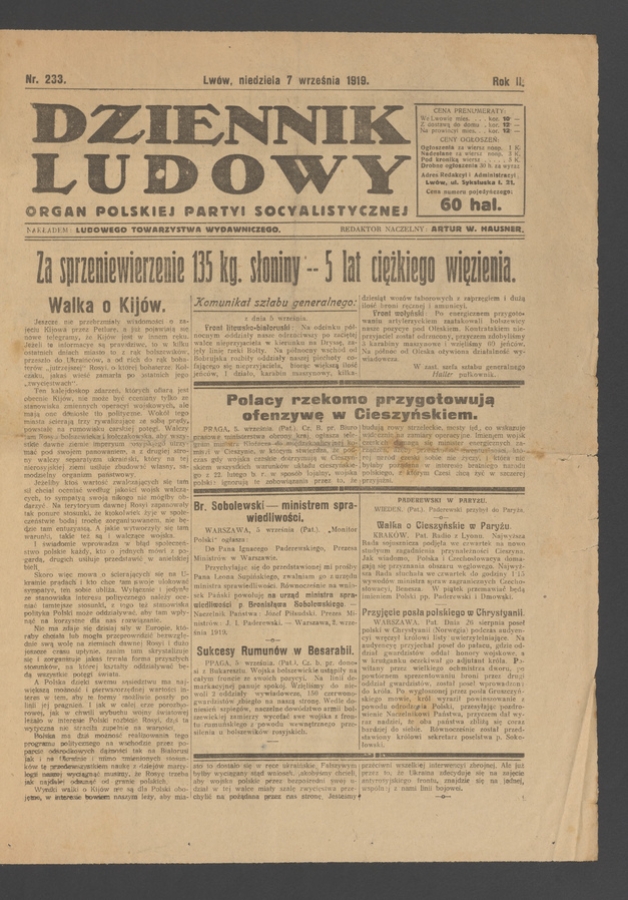 Dziennik Ludowy : organ Polskiej Partyi Socyalistycznej. Rok 2, 1919, numer 233