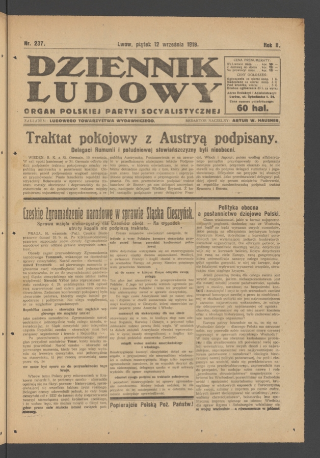 Dziennik Ludowy : organ Polskiej Partyi Socyalistycznej. Rok 2, 1919, numer 237