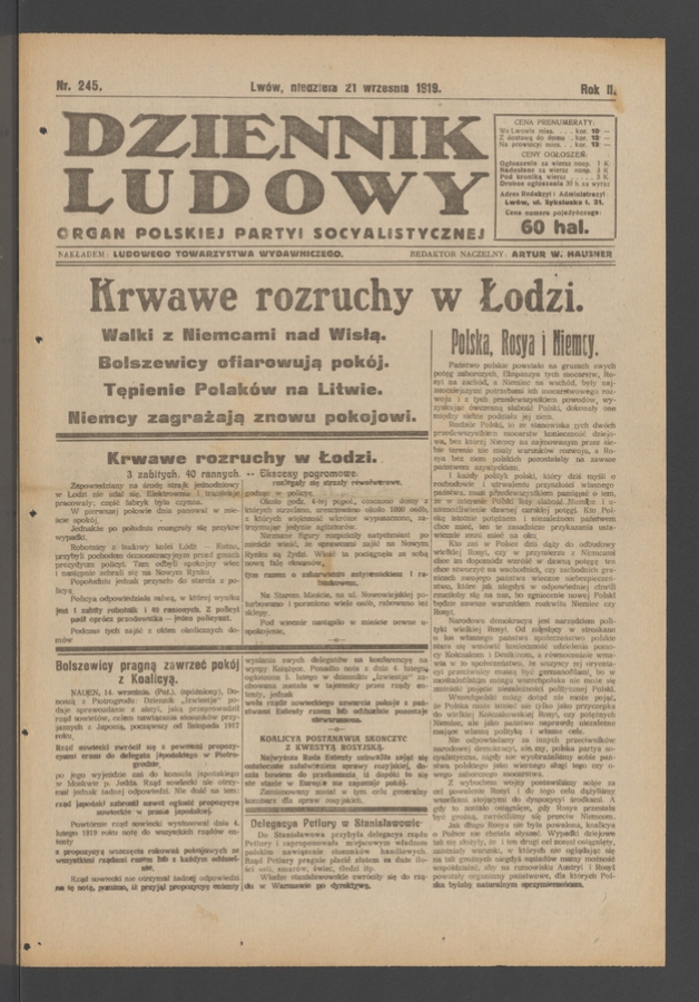Dziennik Ludowy : organ Polskiej Partyi Socyalistycznej. Rok 2, 1919, numer 245