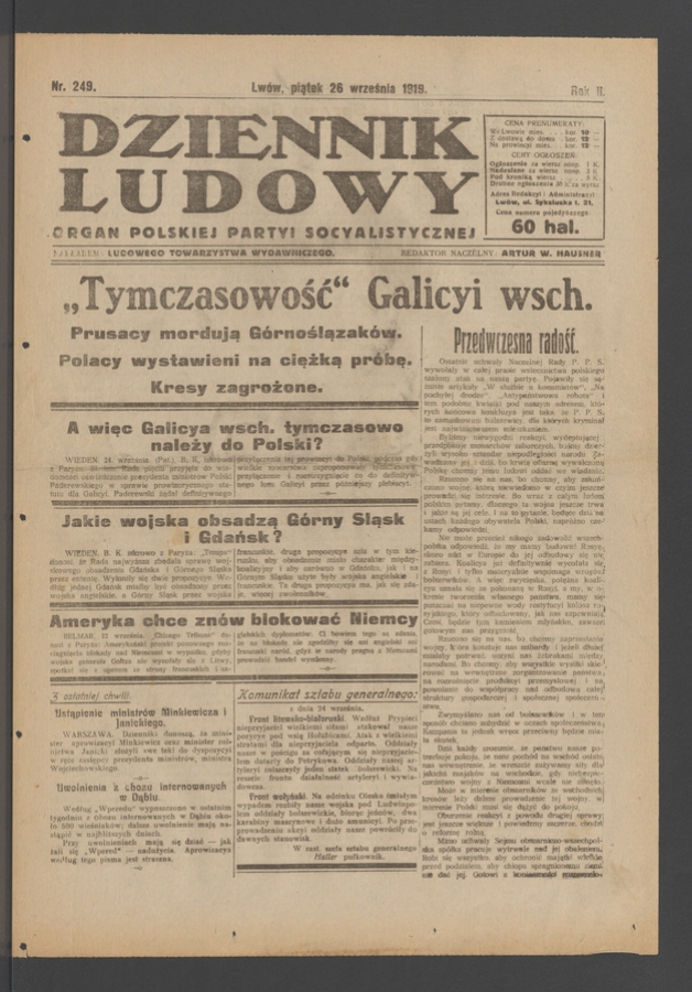 Dziennik Ludowy : organ Polskiej Partyi Socyalistycznej. Rok 2, 1919, numer 249