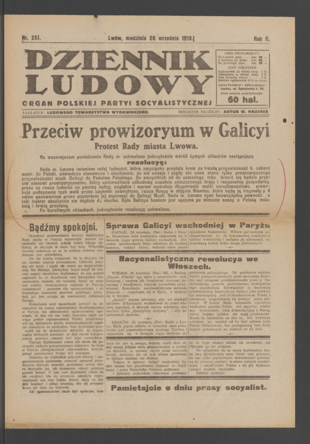 Dziennik Ludowy : organ Polskiej Partyi Socyalistycznej. Rok 2, 1919, numer 251