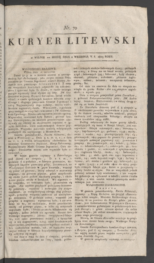Kuryer Litewski. 1815, numer 70