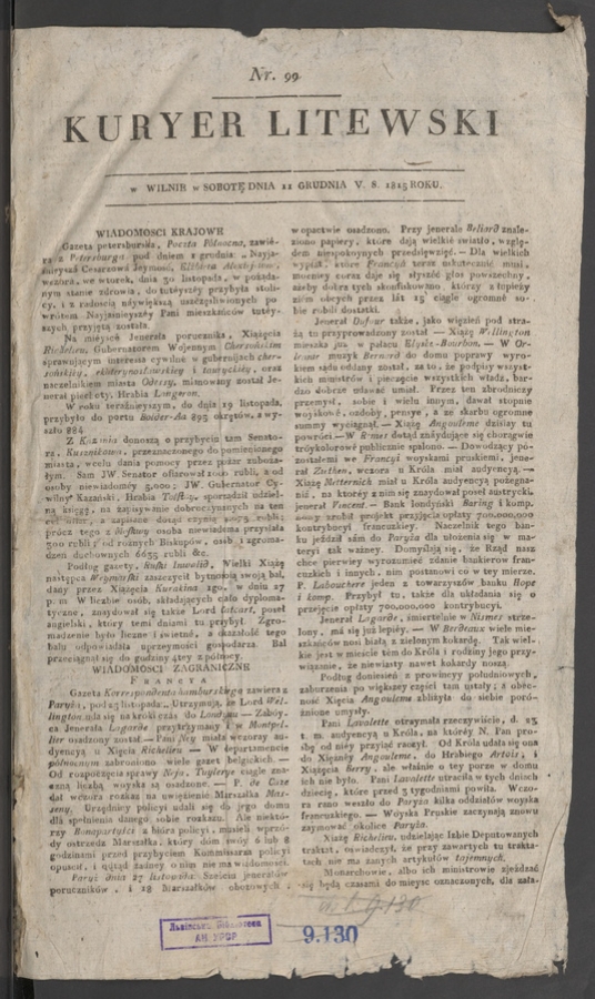 Kuryer Litewski. 1815, numer 99