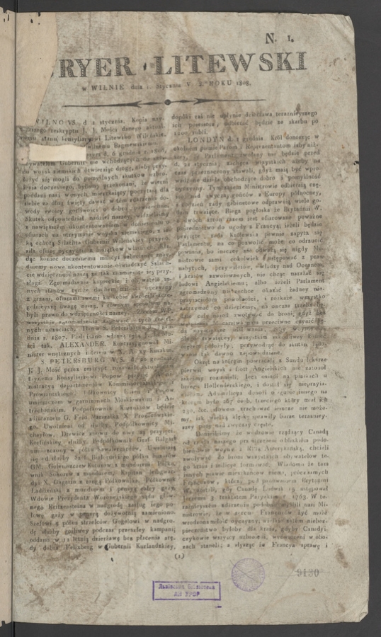 Kuryer Litewski. 1808, numero 1