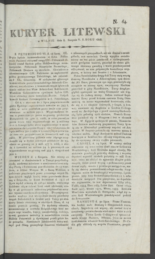 Kuryer Litewski. 1808, numero 64
