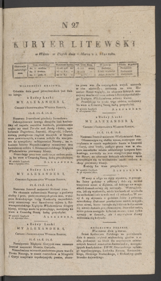 Kuryer Litewski. 1821, numer 27