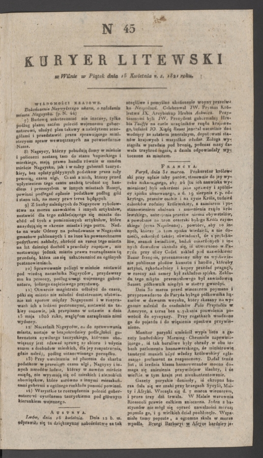 Kuryer Litewski. 1821, numer 45