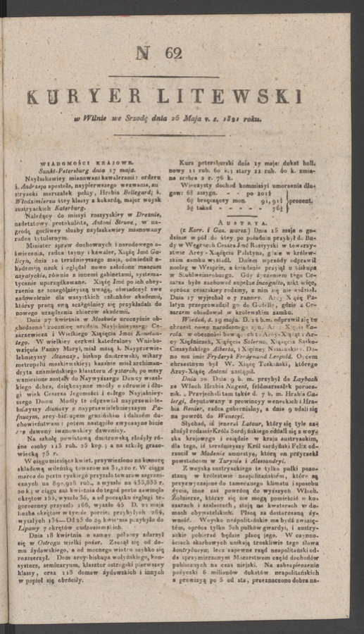 Kuryer Litewski. 1821, numer 62
