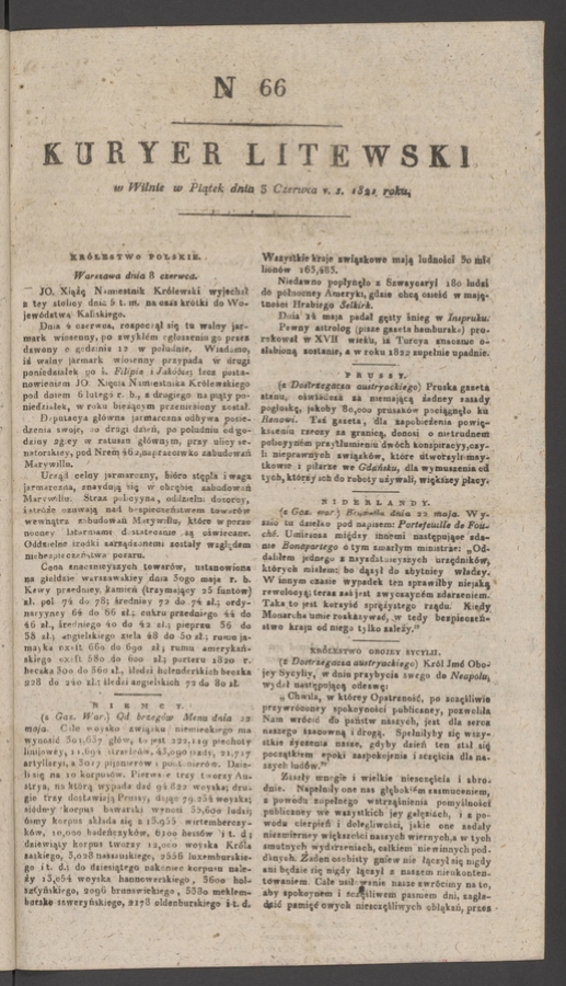 Kuryer Litewski. 1821, numer 66