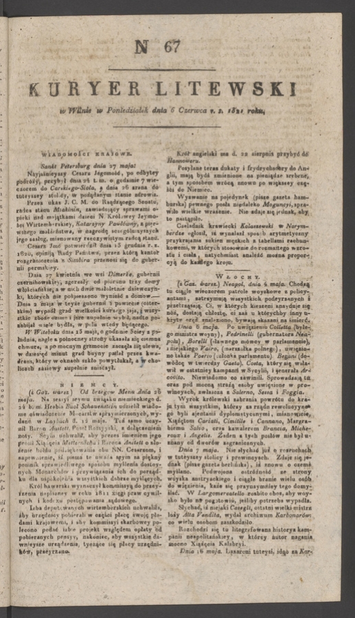 Kuryer Litewski. 1821, numer 67