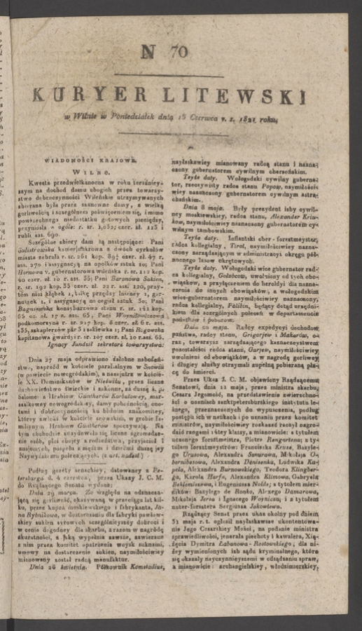 Kuryer Litewski. 1821, numer 70