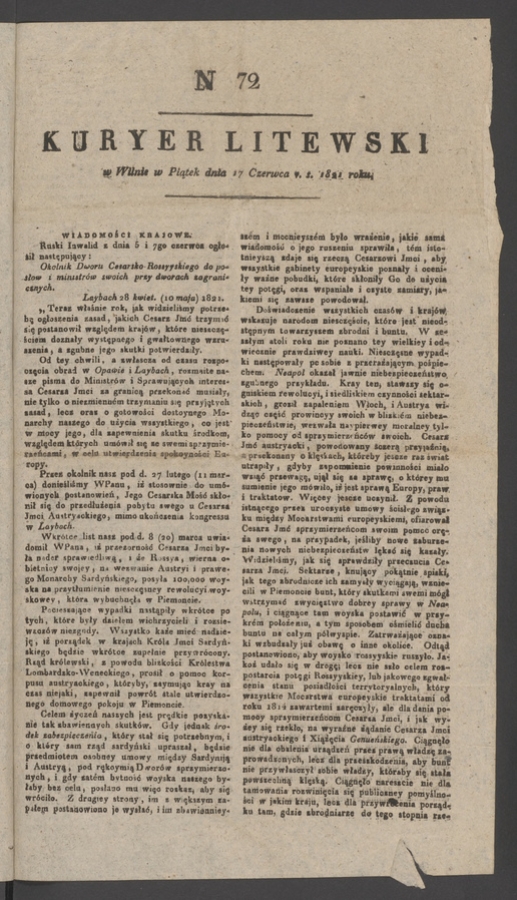 Kuryer Litewski. 1821, numer 72