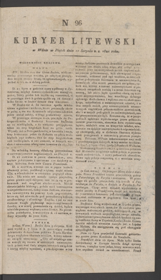 Kuryer Litewski. 1821, numer&nbsp;96