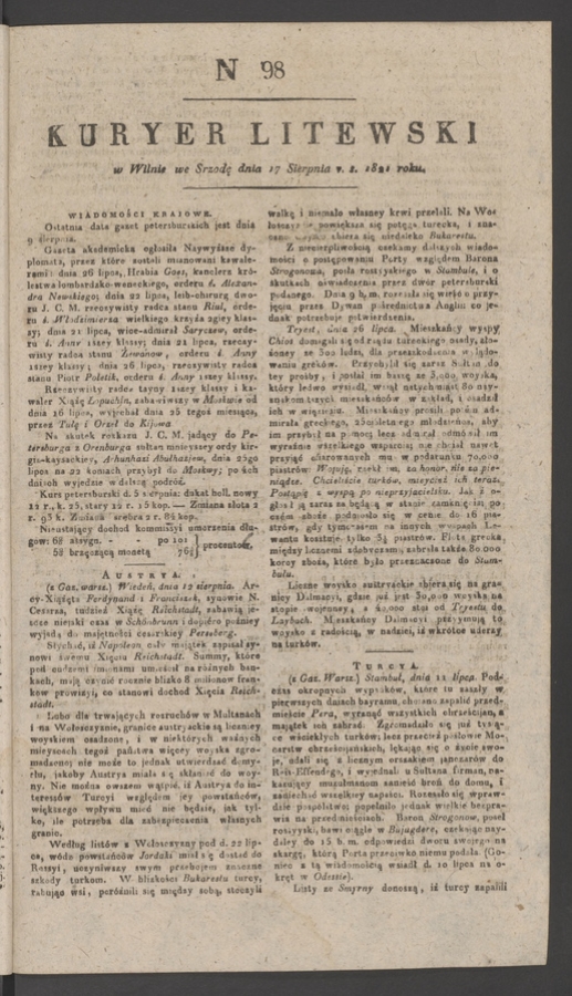 Kuryer Litewski. 1821, numer 98