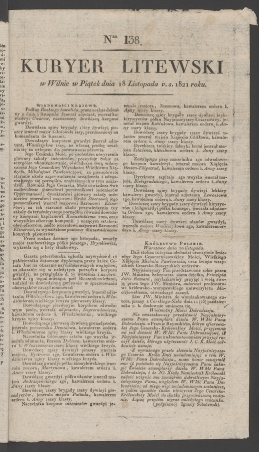Kuryer Litewski. 1821, numer 138