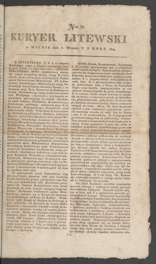 Kuryer Litewski. 1809, numero 72