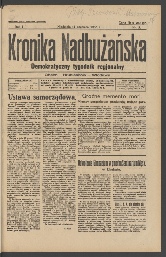 Kronika Nadbużańska : demokratyczny tygodnik regjonalny. Rok 1, 1933, numer 5