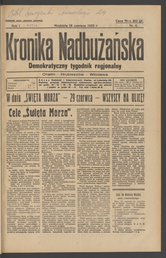 Kronika Nadbużańska : demokratyczny tygodnik regjonalny. Rok 1, 1933, numer 6