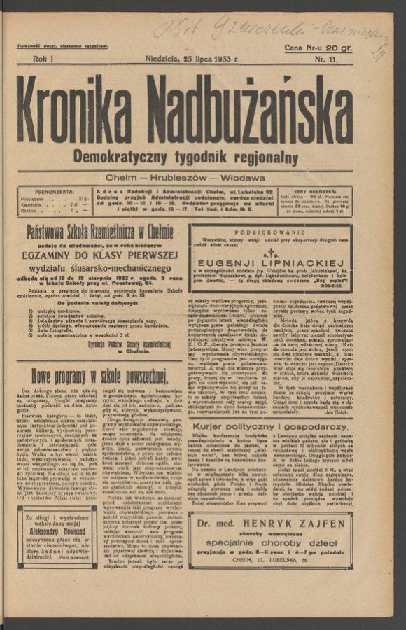 Kronika Nadbużańska : demokratyczny tygodnik regjonalny. Rok 1, 1933, numer 11