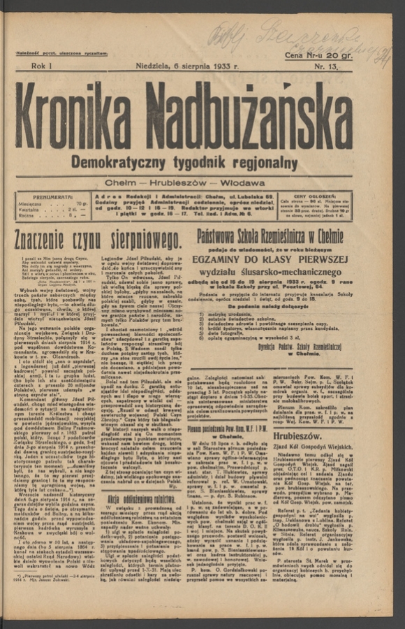 Kronika Nadbużańska : demokratyczny tygodnik regjonalny. Rok 1, 1933, numer 13