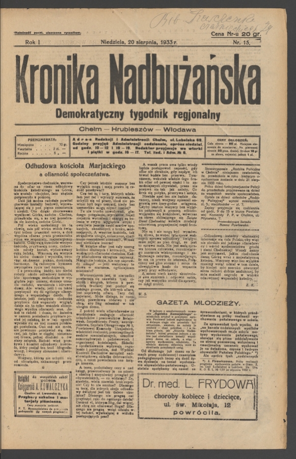 Kronika Nadbużańska : demokratyczny tygodnik regjonalny. Rok 1, 1933, numer 15