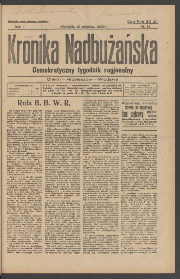 Kronika Nadbużańska : demokratyczny tygodnik regjonalny. Rok 1, 1933, numer 16
