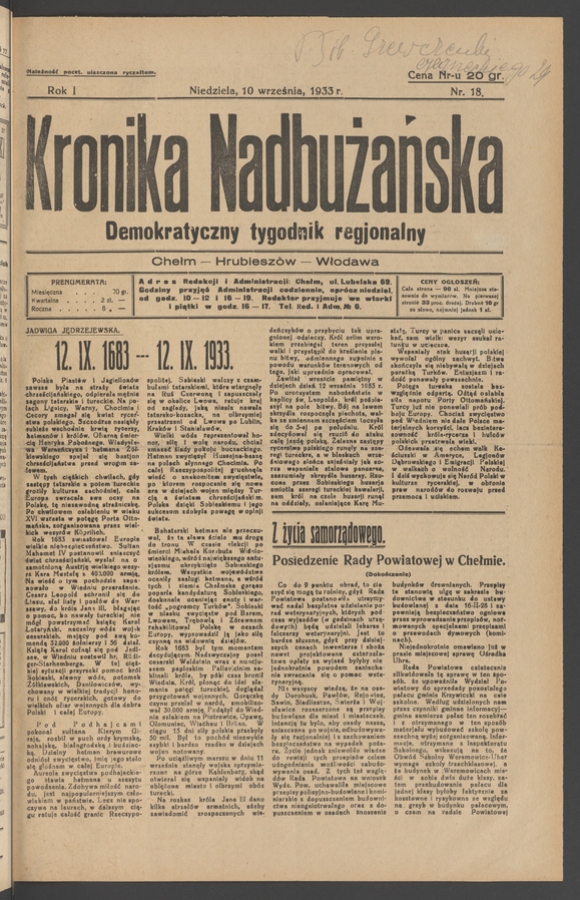 Kronika Nadbużańska : demokratyczny tygodnik regjonalny. Rok 1, 1933, numer 18