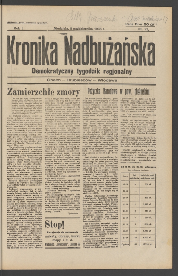 Kronika Nadbużańska : demokratyczny tygodnik regjonalny. Rok 1, 1933, numer 22