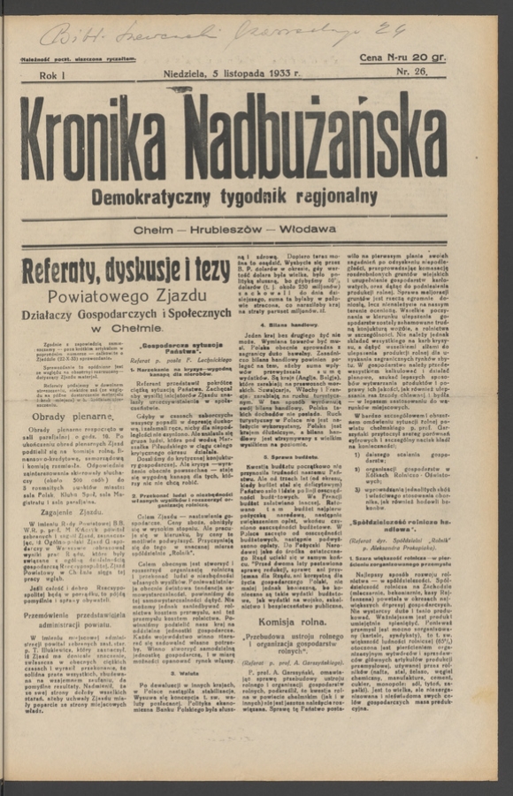 Kronika Nadbużańska : demokratyczny tygodnik regjonalny. Rok 1, 1933, numer 26